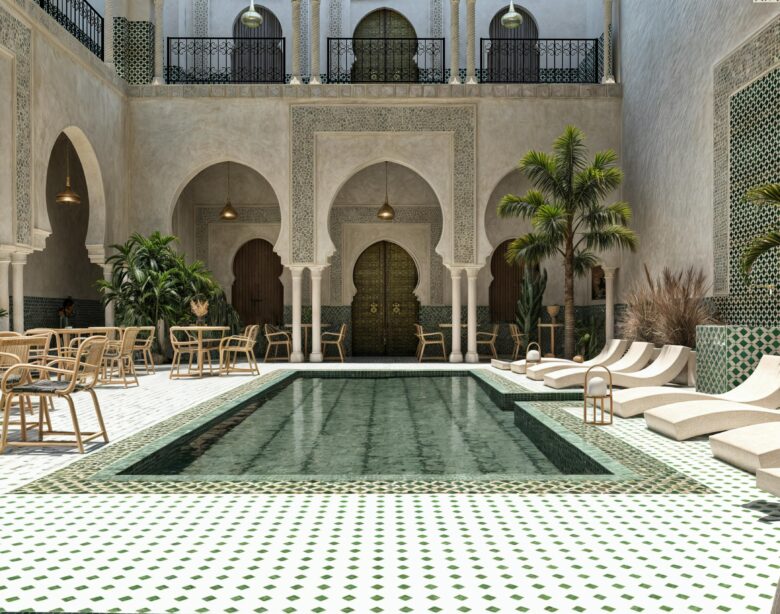 Luxury Moroccan spa in Marrakech offering traditional hammam and argan oil massages amidst tranquil palm gardens for a wellness retreat.